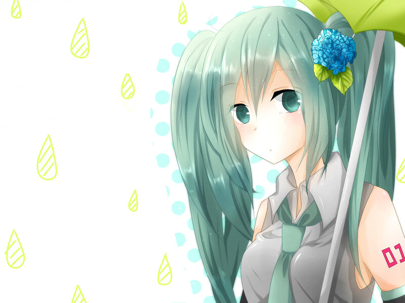 Anime Girl with Green Hair — Calm, Digital Art, Umbrella