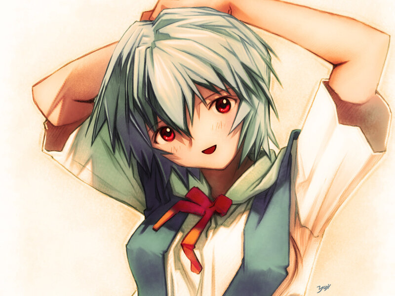 Anime Girl with Green Hair — Calm, Red Eyes