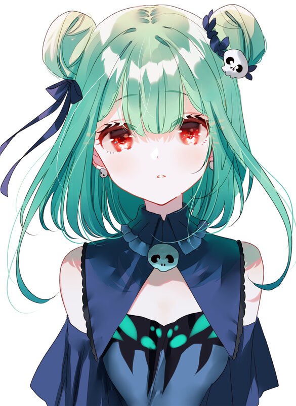 Anime Girl with Green Hair — Calm, Skull Accessory