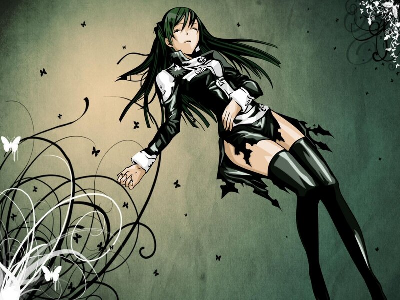 Anime Girl with Green Hair — Dramatic, Butterflies