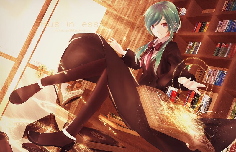 Anime Girl with Green Hair — Dramatic, Digital Art, Bookshelf