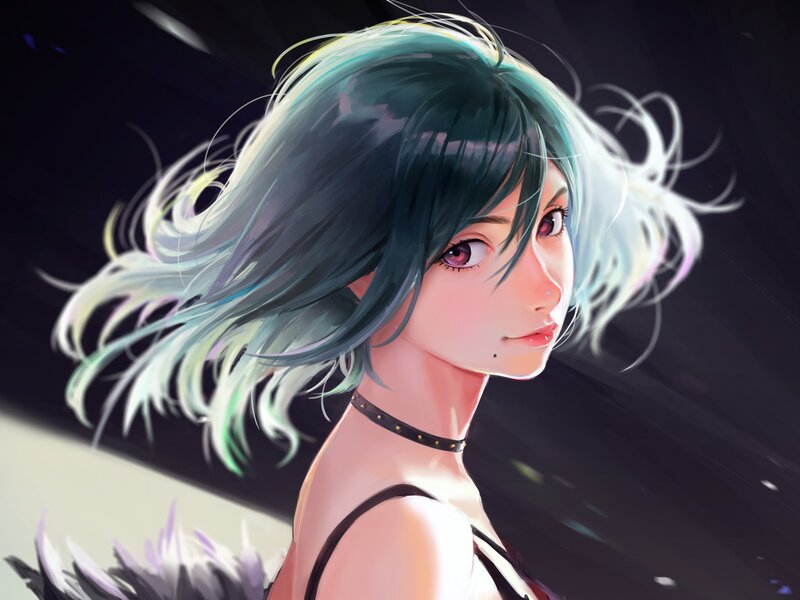 Anime Girl with Green Hair — Dramatic, Digital Art, Choker