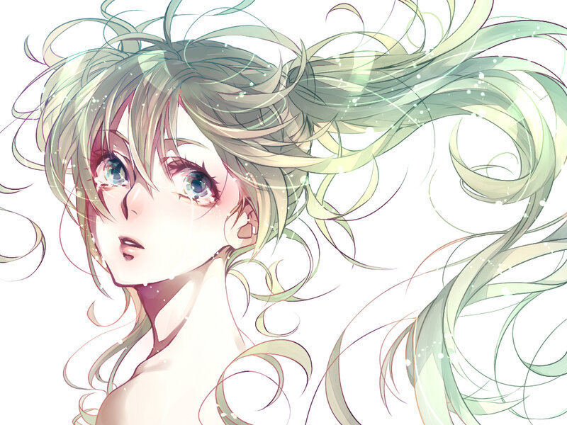 Anime Girl with Green Hair — Dramatic, Digital Art, Tears