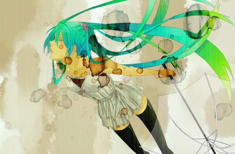 Anime Girl with Green Hair — Dramatic, Digital Art, Umbrella