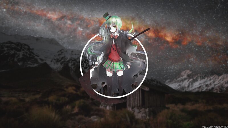 Anime Girl with Green Hair — Dramatic, Night, Digital Art, Mountains