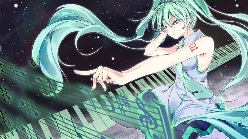 Anime Girl with Green Hair — Dramatic, Night, Digital Art, Piano Keys