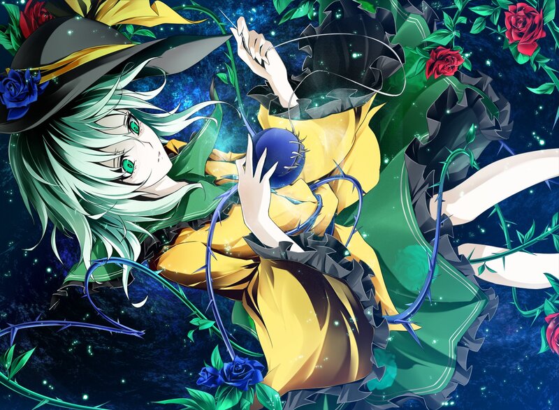 Anime Girl with Green Hair — Dramatic, Night, Digital Art, Witch Hat
