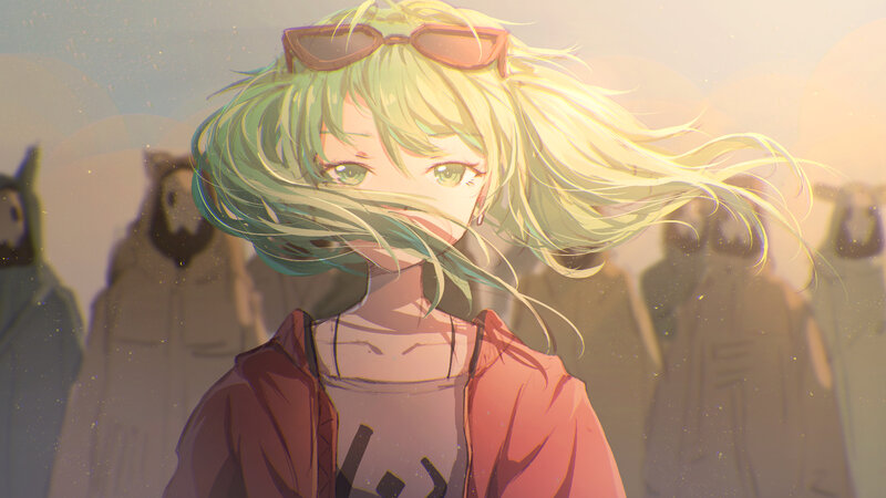 Anime Girl with Green Hair — Dramatic, Sunset, Digital Art