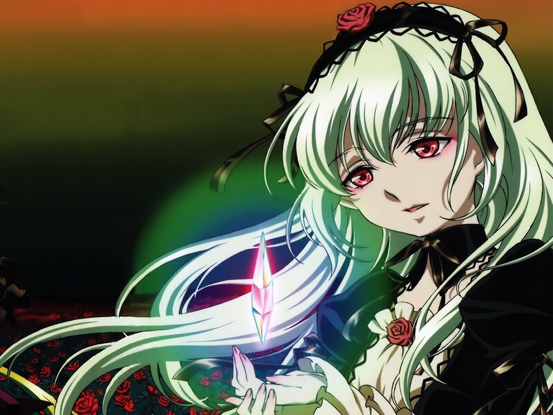 Anime Girl with Green Hair — Dramatic, Sunset, Red Eyes