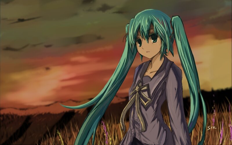 Anime Girl with Green Hair — Dramatic, Sunset