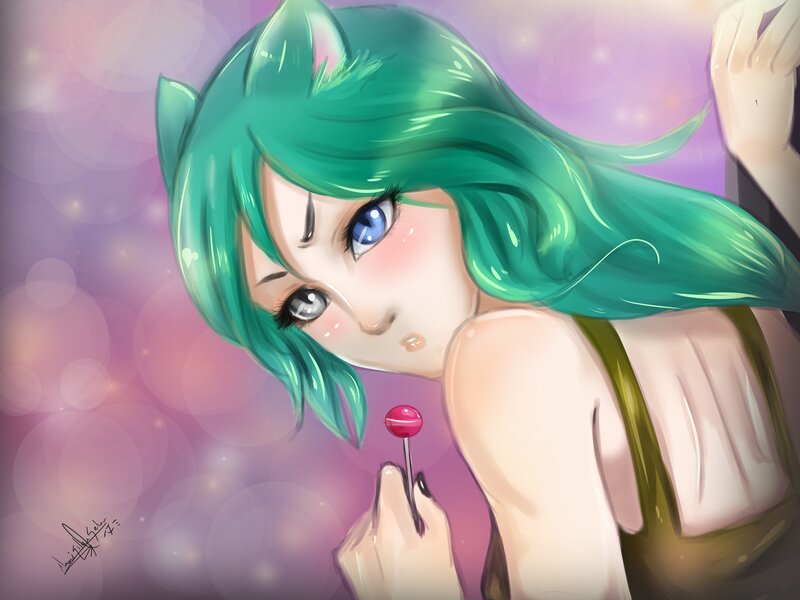 Anime Girl with Green Hair — Dreamy, Digital Art, Lollipop
