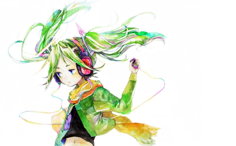 Anime Girl with Green Hair — Dynamic, Digital Art, Headphones, Scarf, Microphone