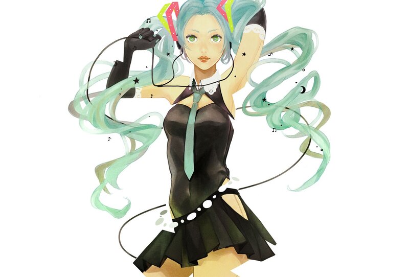 Anime Girl with Green Hair — Dynamic, Digital Art, Headphones, Skirt, Tie
