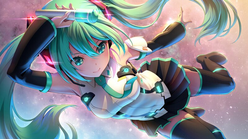 Anime Girl with Green Hair — Dynamic, Digital Art, Microphone, Space