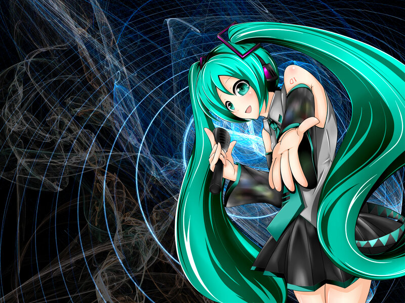 Anime Girl with Green Hair — Dynamic, Digital Art, Microphone