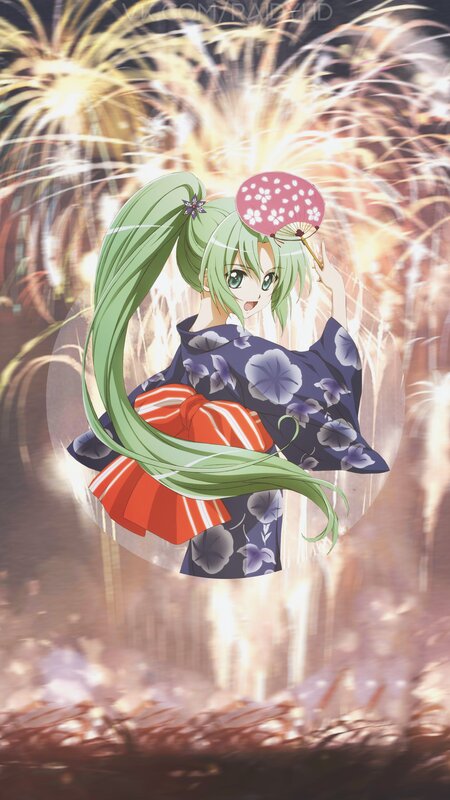 Anime Girl with Green Hair — Festive, Night, Fireworks