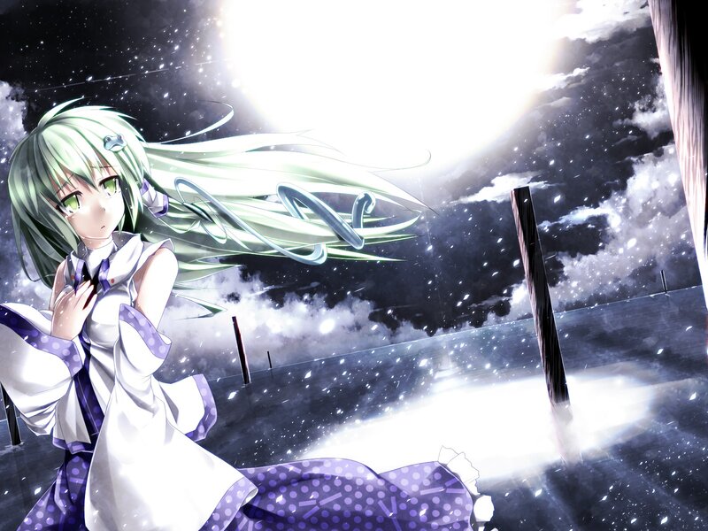 Anime girl with green hair in a storm