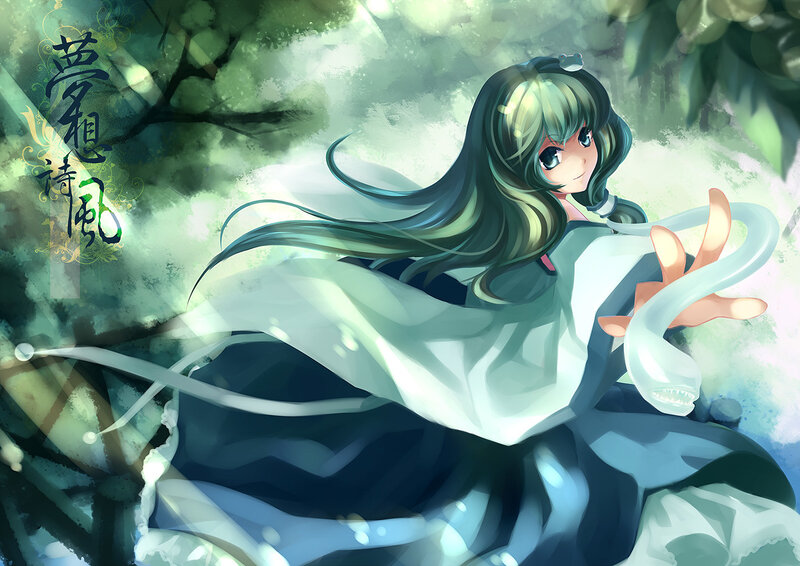 Anime girl with green hair in forest