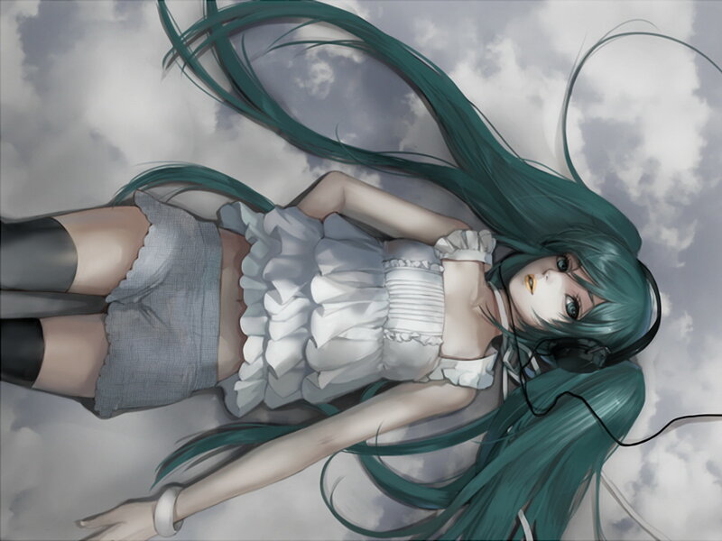Anime girl with green hair lying down