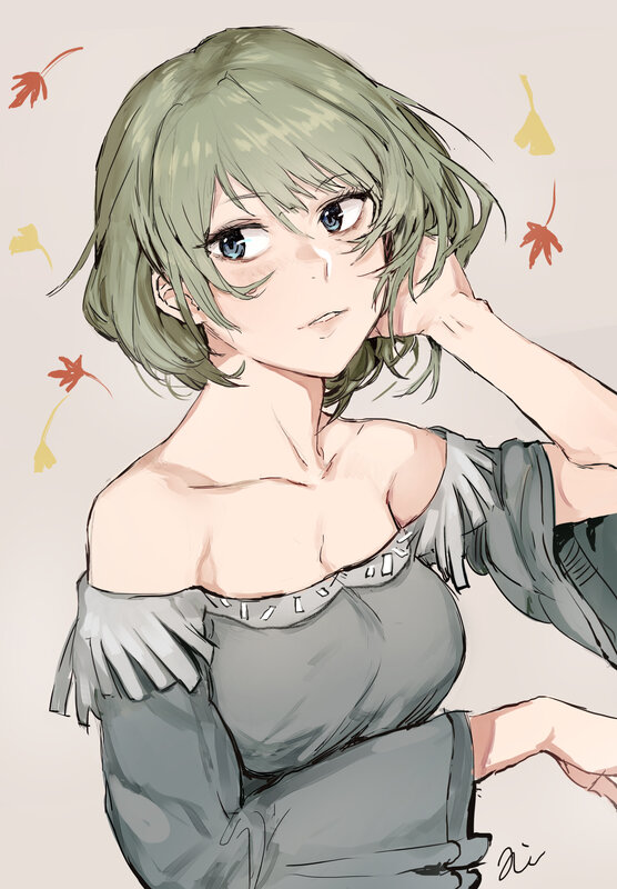 Anime Girl with Green Hair — Melancholic, Autumn