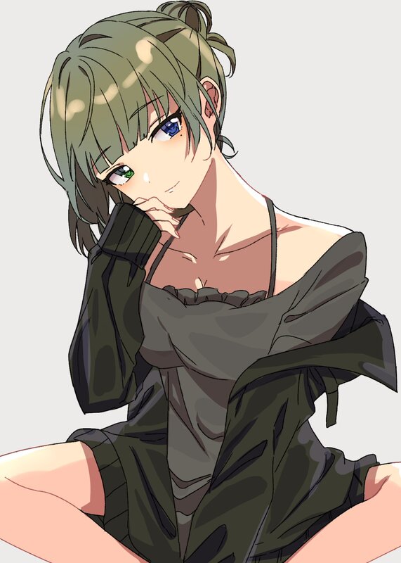 Anime Girl with Green Hair — Neutral, Green Hair, Blue Eyes, Off-shoulder Top