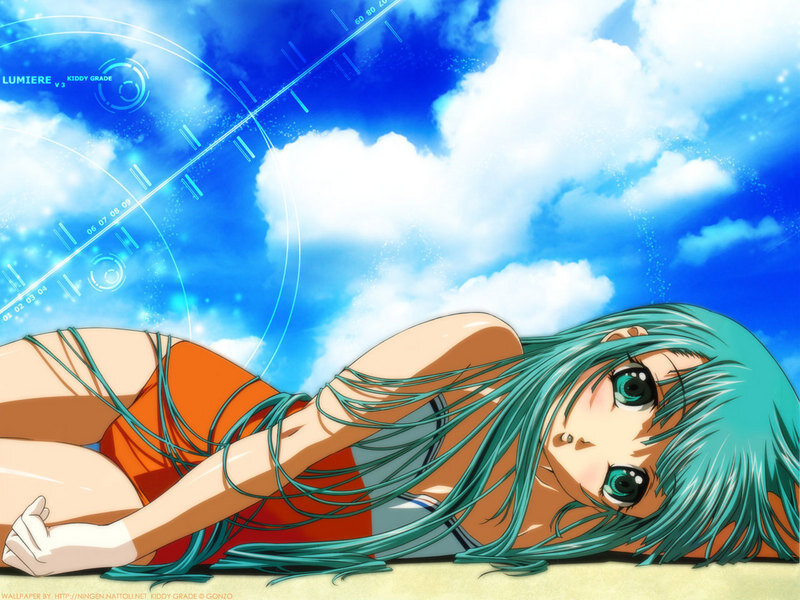Anime girl with green hair on beach