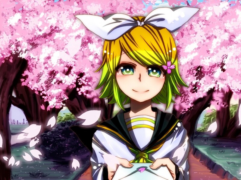 Anime Girl with Green Hair — Pink, Serene, Spring