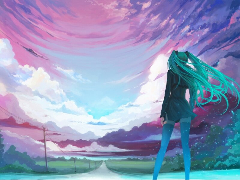 Anime Girl with Green Hair — Pink, Serene