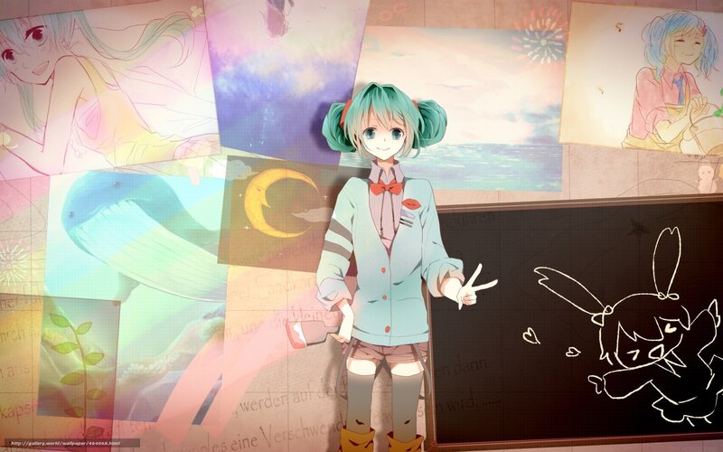 Anime Girl with Green Hair — Playful, Digital Art, Blackboard, Drawings