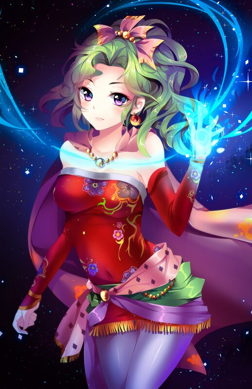 Anime Girl with Green Hair — Purple, Dramatic, Night, Digital Art, Magic