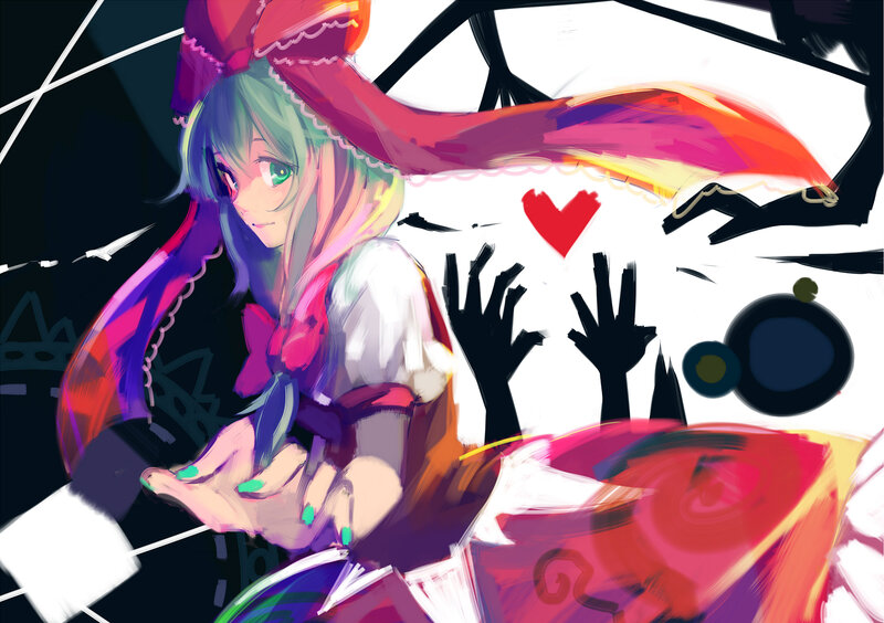 Anime Girl with Green Hair — Red, Dramatic, Digital Art