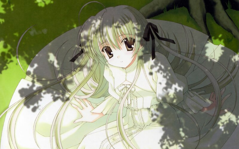 Anime Girl with Green Hair — Serene, Afternoon, Tree