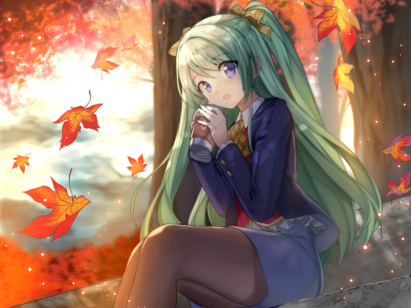Anime Girl with Green Hair — Serene, Autumn
