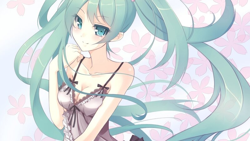 Anime Girl with Green Hair — Serene, Spring, Cherry Blossoms