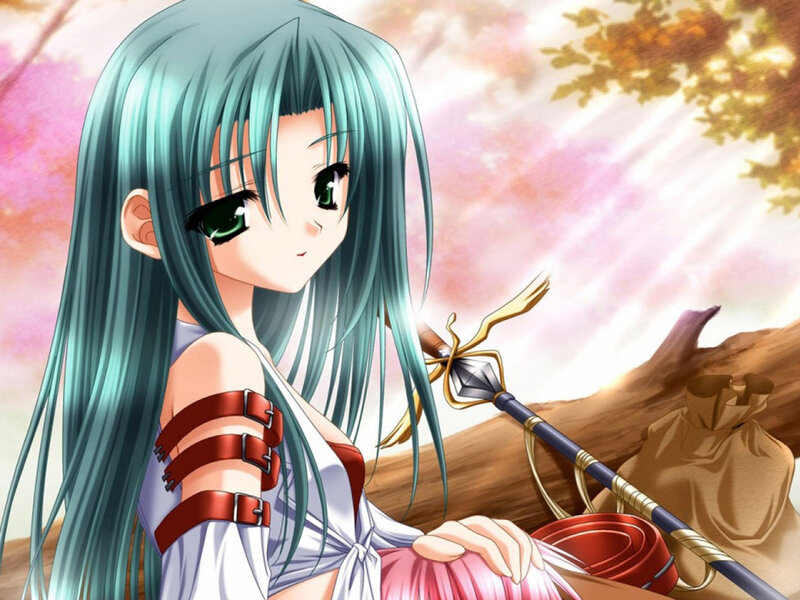 Anime Girl with Green Hair — Serene, Spring, Spear, Tree, Bag, Pink