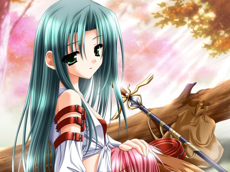 Anime Girl with Green Hair — Serene, Spring, Spear, Tree Trunk, Bag