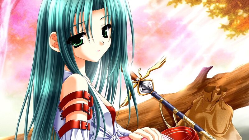 Anime Girl with Green Hair — Serene, Spring, Spear, Tree Trunk