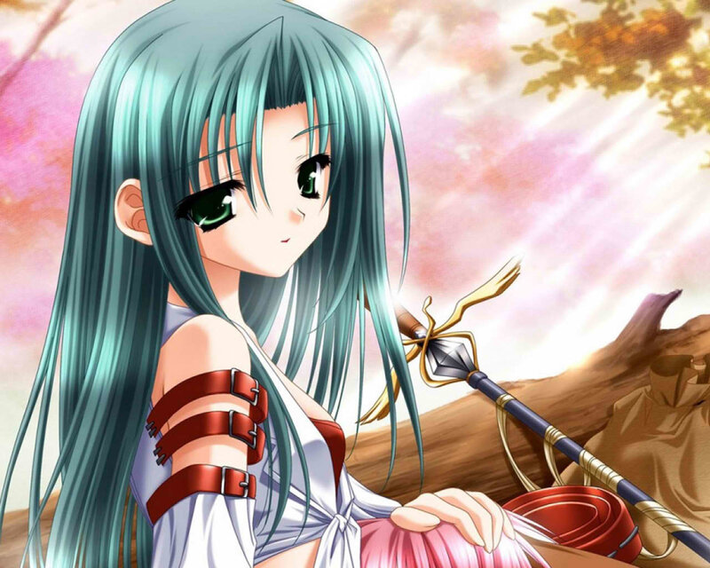 Anime Girl with Green Hair — Serene, Spring, Sword