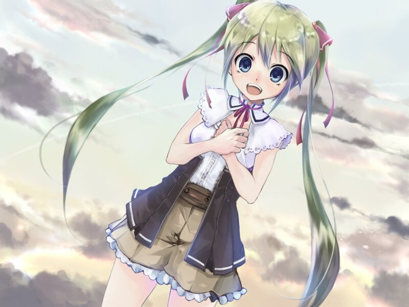 Anime Girl with Green Hair — Serene, Sunset, Digital Art