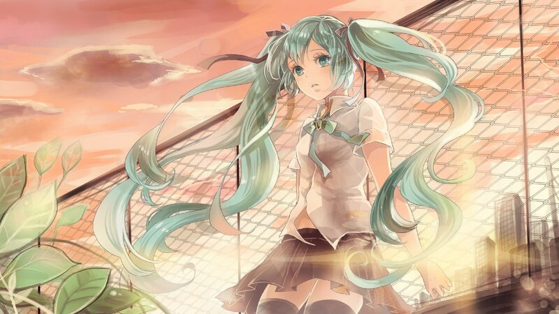 Anime Girl with Green Hair — Serene, Sunset