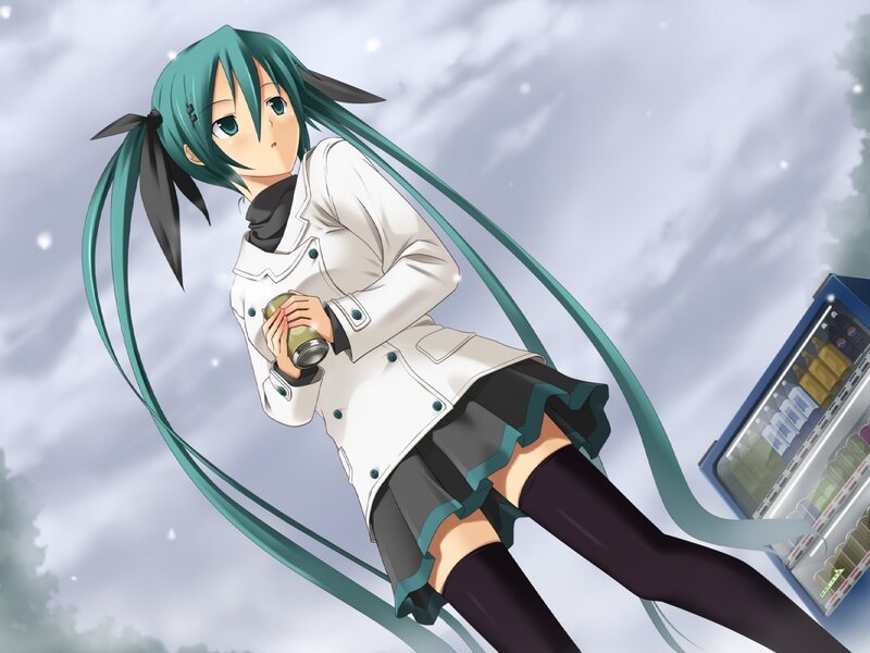 Anime Girl with Green Hair — White, Calm, Winter, Digital Art, Vending Machine