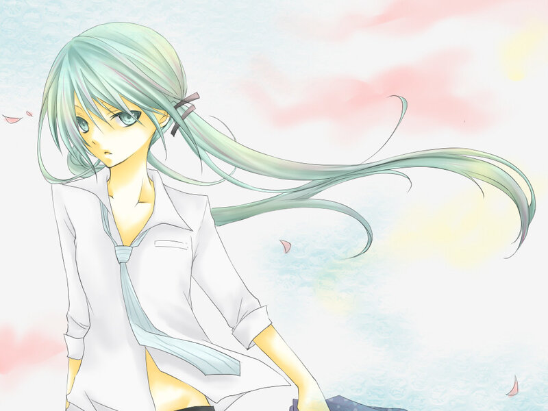 Anime Girl with Green Hair — White, Serene, Sunset