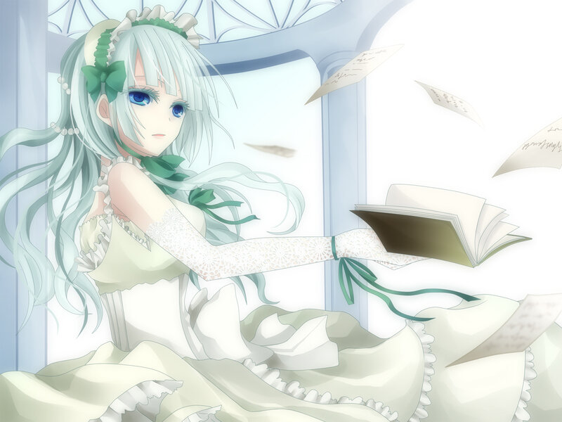 Anime Girl with Green Hair — White, Serene