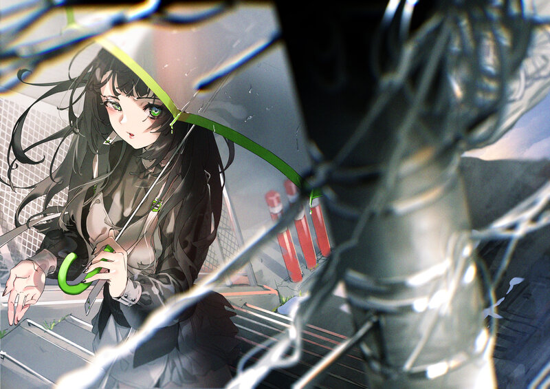 Anime Girl with Green Umbrella — Dramatic