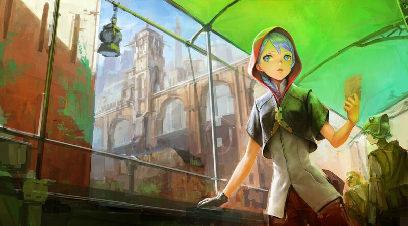 Anime Girl with Green Umbrella