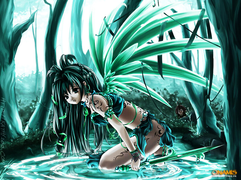 Anime girl with green wings
