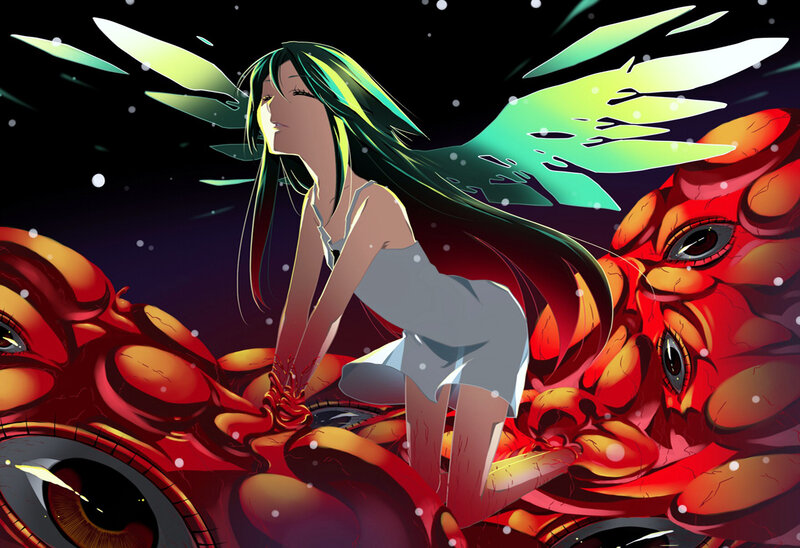 Anime girl with green wings