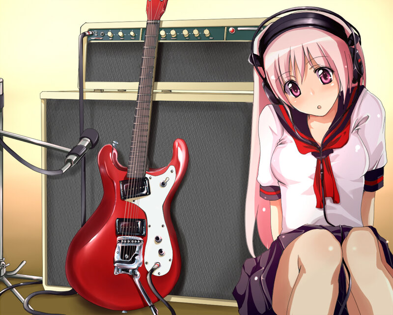 anime girl with guitar and amp