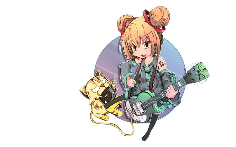 anime girl with guitar and cat