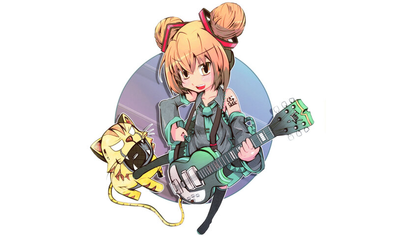 anime girl with guitar and cat